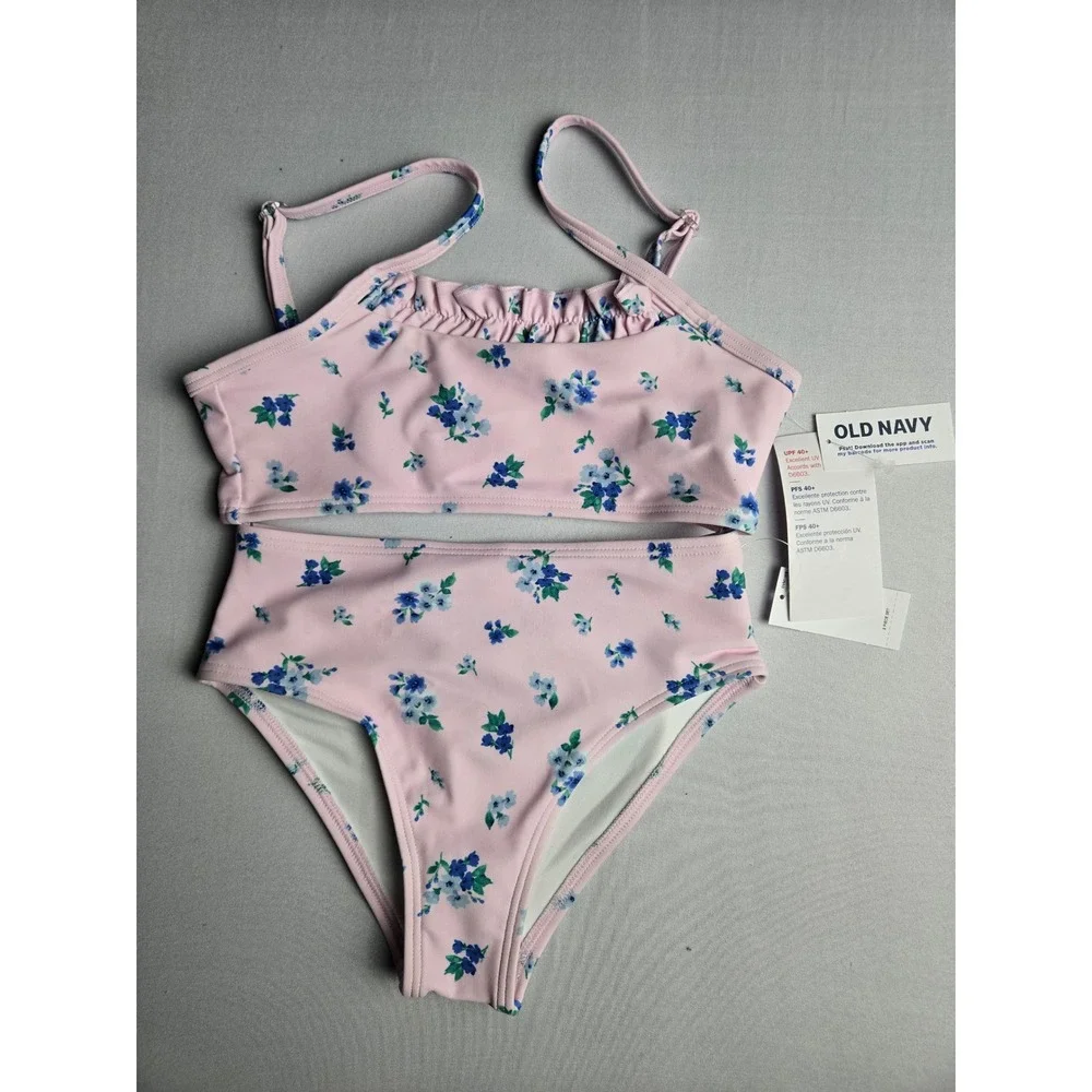 Old Navy Girls Pink Blue Floral Ruffle Bikini Swimsuit Set UPF 40+ Size S 6-7